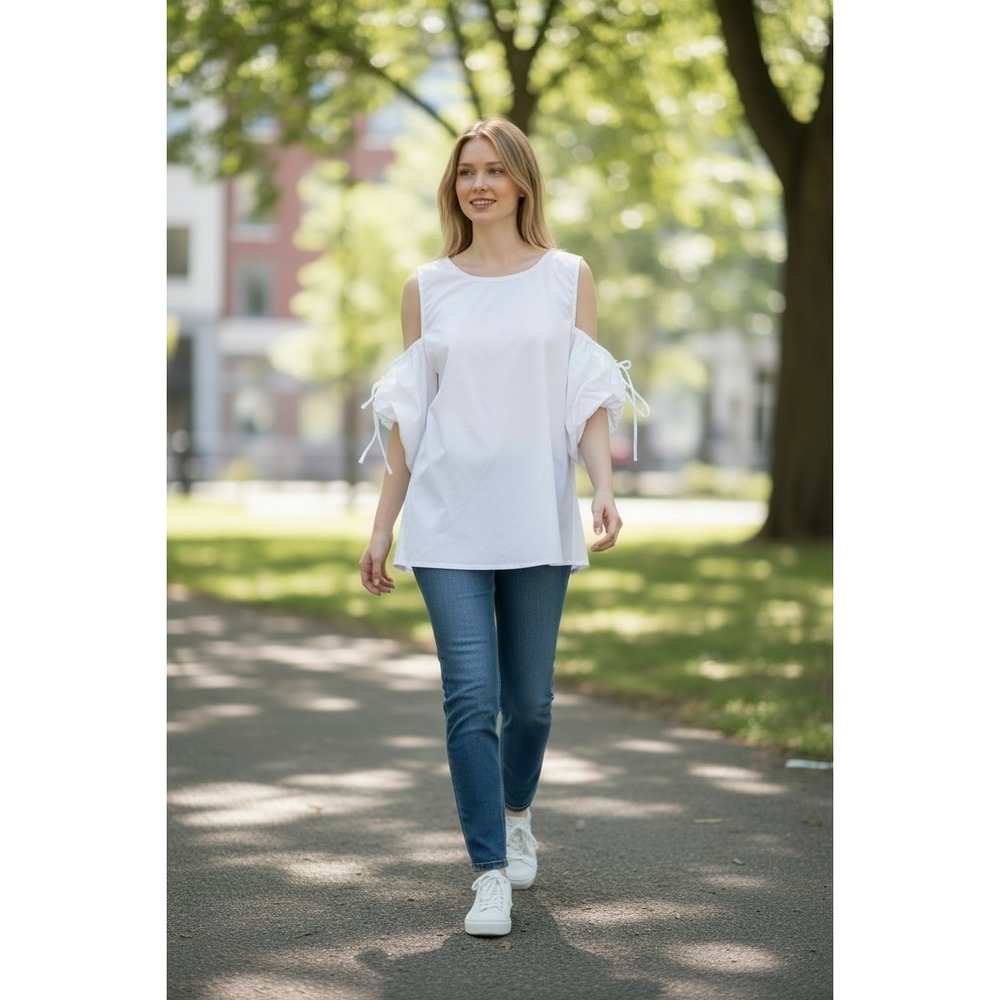 Open Edit Cold Shoulder Poplin Top Size Large White Cotton Long Sleeve NWT